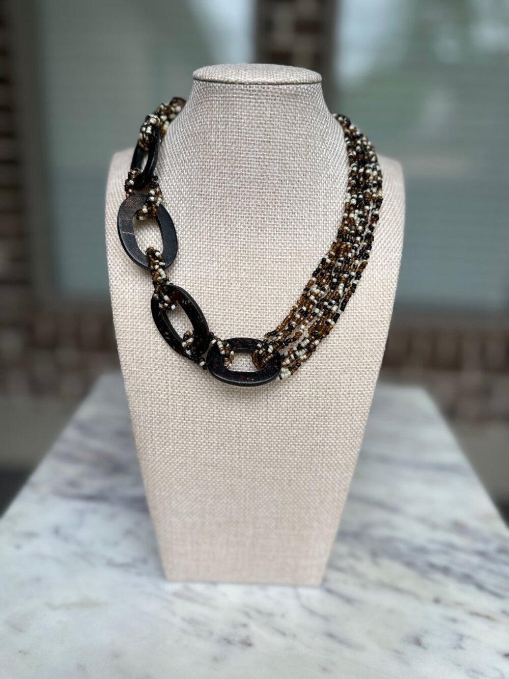 Chunky Asymmetric Necklace Circles Seed Beads Brown Amber Bronze Multi Strand